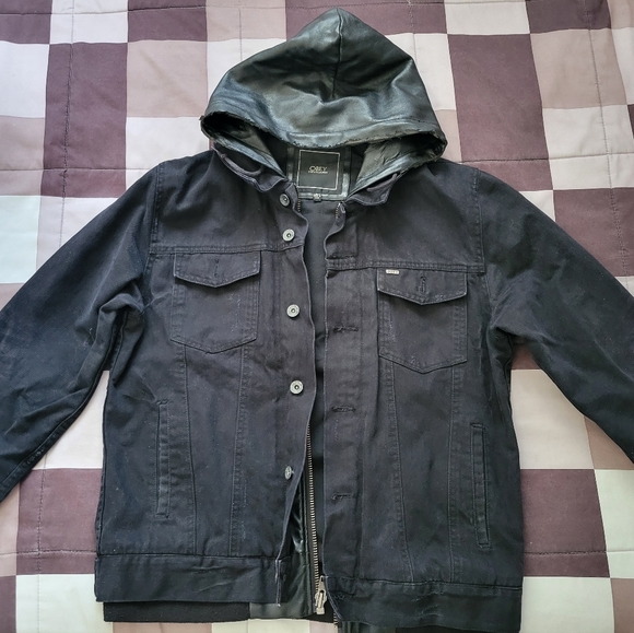 Rare obey denim jacket w/faux leather hoodie - Picture 2 of 11